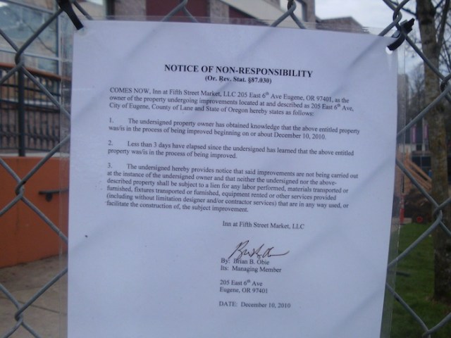 A notice of non-responsibility, signed by Brian Obie