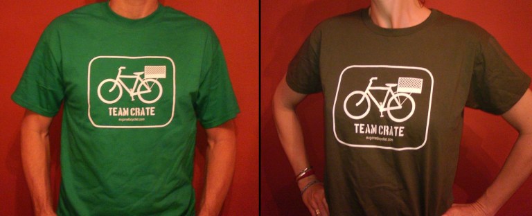 Images of Eugene Bicyclist T-shirts with logo showing icon of a milk crate bike