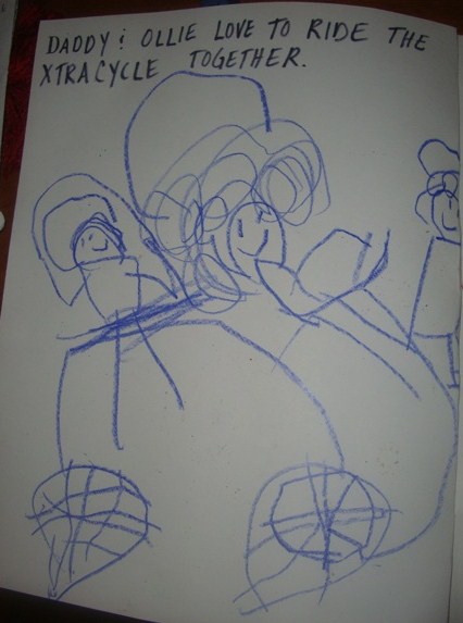 A 4-year-old's rendering of a dad and two kids on an Xtracycle