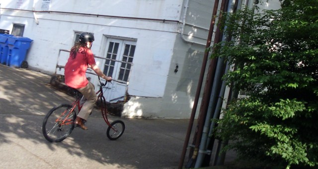 Riding a long forked freak bike in Eugene Oregon