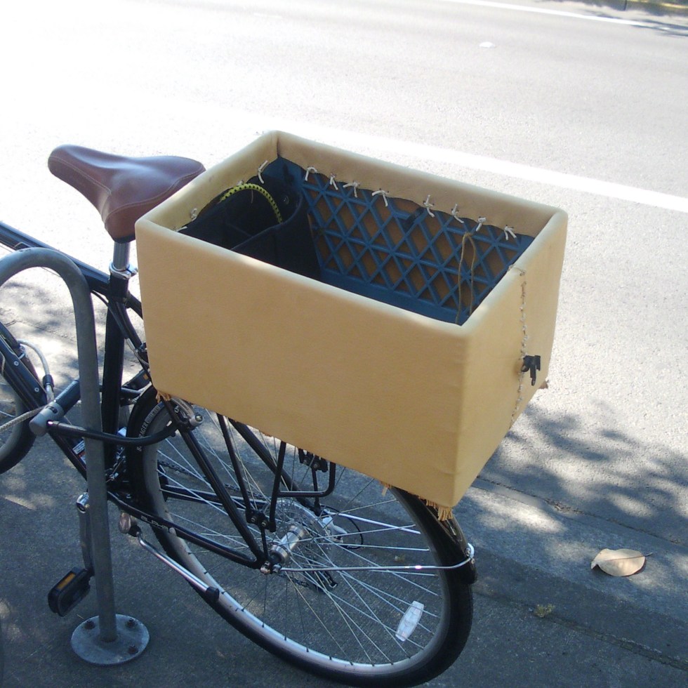 Bicycle with a milk crate covered in leather