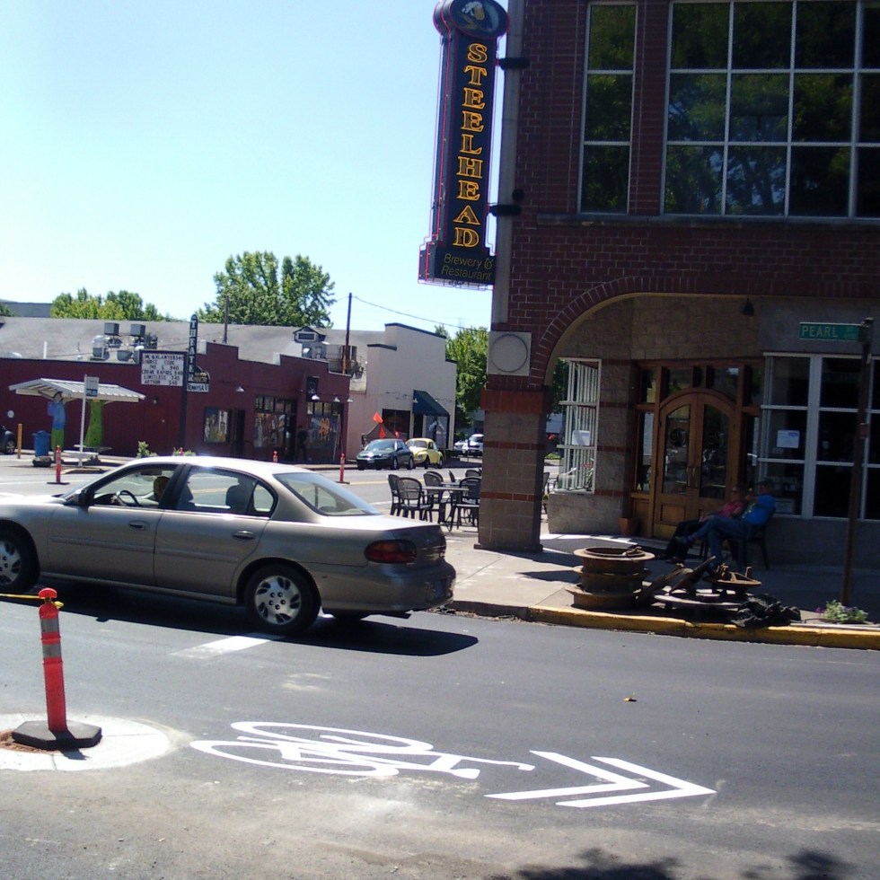 Photo of a new sharrow on Pearl Street in Eugene