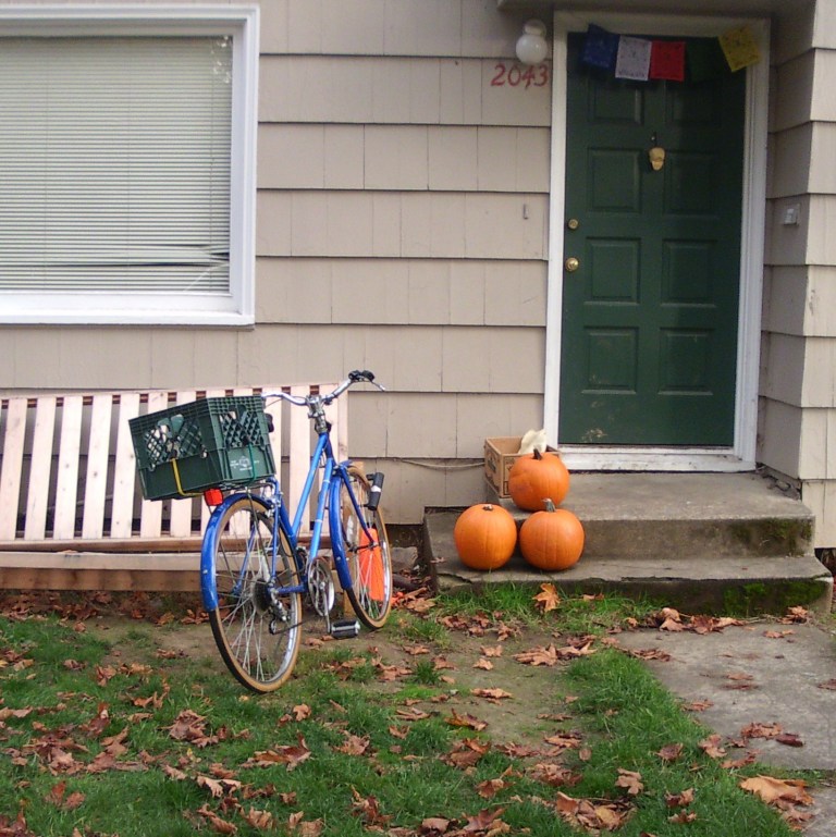 Photo of milk crate bicycle with pumpkins
